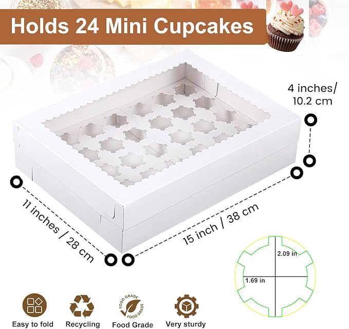 Mini Cupcake Box 5 Pack, Each Holds 24 Mini Cupcakes, White Cupcake Containers with Clear Window, 15 x 11 x 4 Inches Cupcake Holder for Birthday, Holiday, Party, Bakery