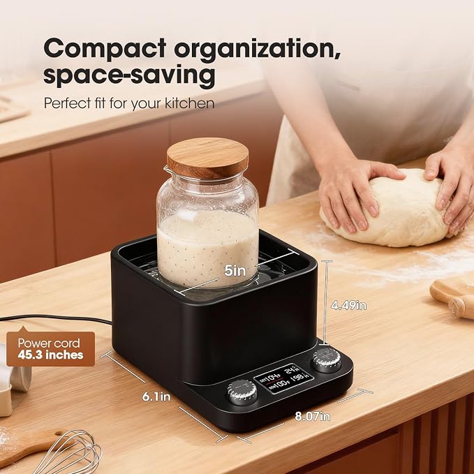 Sourdough Starter Warmer | Water Bath Precise 1°F Thermostat (70-104°F) Sourdough Warmer | For Jars Under 50oz |198-h Memory Timer |360° Uniform Heating |for Bread Baking,Yogurt & Kombucha(Black)