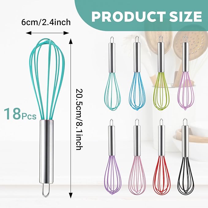 18 Pcs 8 Inch Whisks Bulk for Cooking, Silicone Whisks Non Scratch Stainless Steel Hand Whisk Large Coated Metal Heat Resistant Egg Beaters for Cooking
