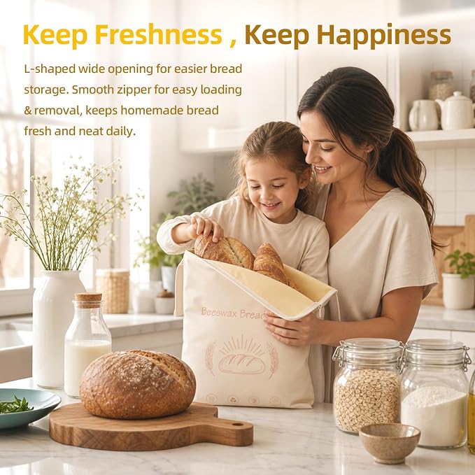 2 Pack XL Reusable Beeswax Bread Bags with Zipper, Organic Linen Cotton Sourdough Bread Storage Bags (13 x 17 in), Moisture Lock, Includes Metal Measuring Spoon, Ideal for Baking, Kitchen & Travel