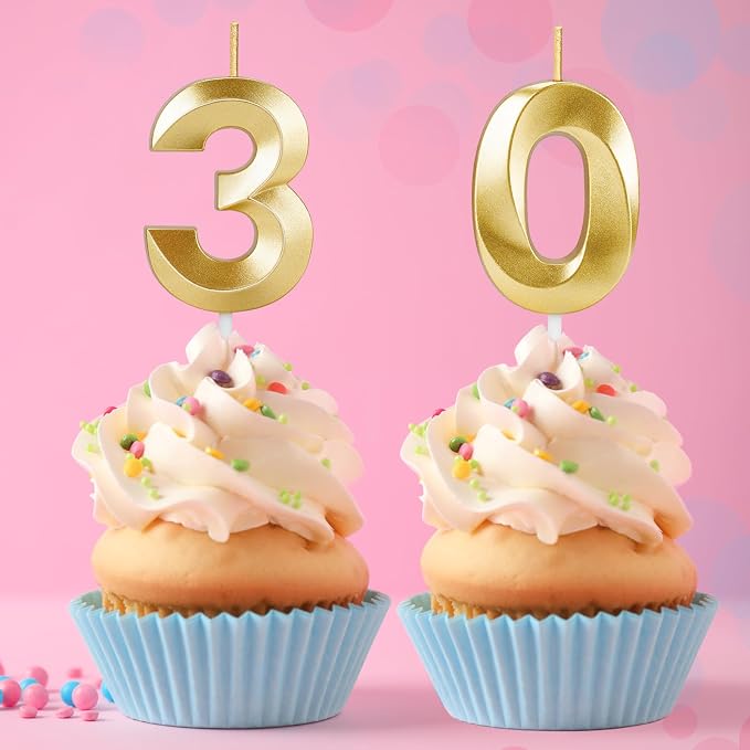 30th Birthday Candles for Cake,Gold Number Candles for Happy Birthday Cake Toppers,Birthday Decorations for Her Him Party Anniversary Wedding