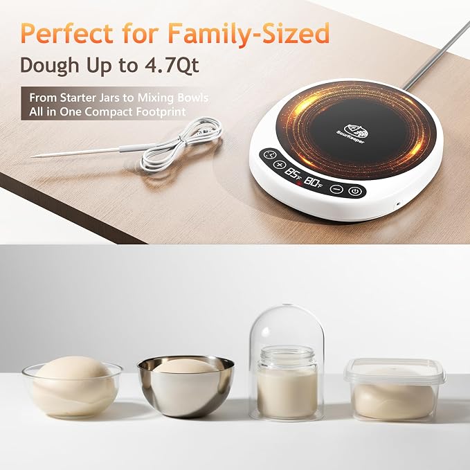 SourKeeper, Larger 2-in-1 Sourdough Starter Warmer Pro - 2026 Upgrade Larger Heating Plate, Dough Temp Probe, 1°F Control (70–110°F), 24H Timer, Real-Time Monitoring, for Beginner Bakers Pro-WHT