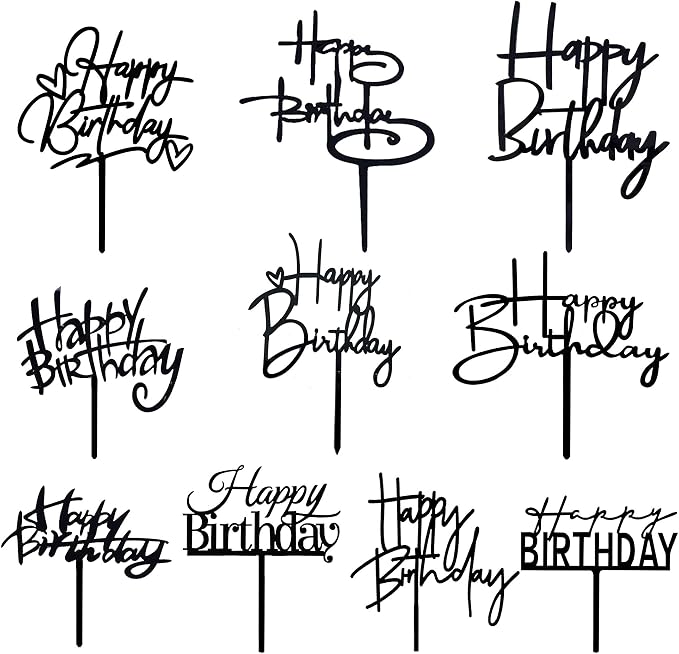 10 PCS Black Happy Birthday Cake Topper Acrylic Cupcake Topper A Series of Birthday Cake Supplies Decorations