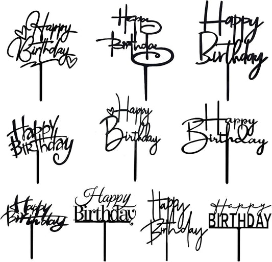 10 PCS Black Happy Birthday Cake Topper Acrylic Cupcake Topper A Series of Birthday Cake Supplies Decorations