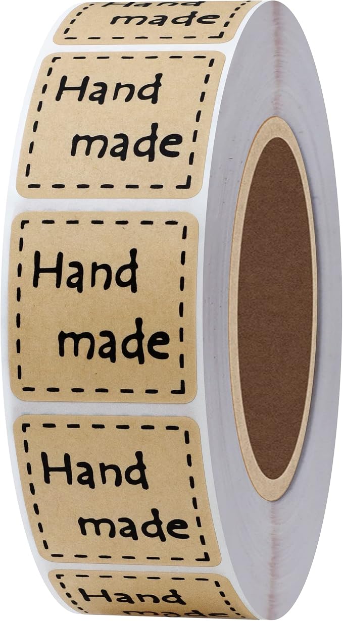 Hybsk Kraft Handmade Stickers with Black Font 1 Inch Square Total 1,000 Adhesive Labels Per Roll