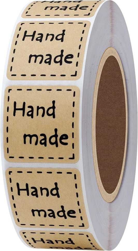 Hybsk Kraft Handmade Stickers with Black Font 1 Inch Square Total 1,000 Adhesive Labels Per Roll