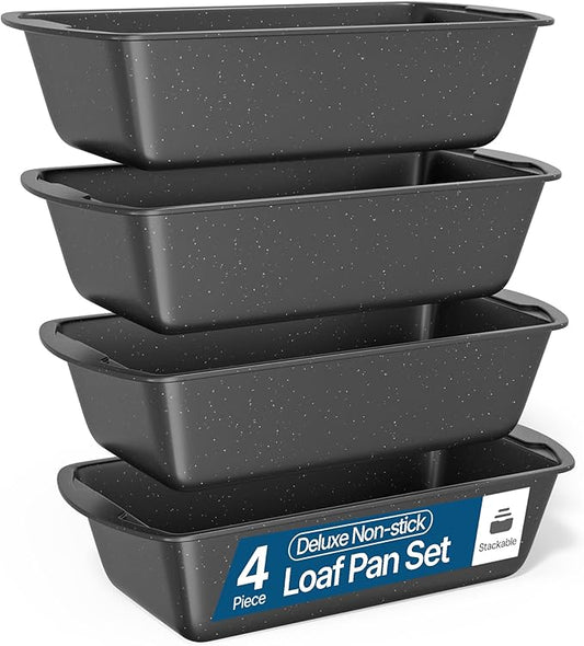 Nonstick Loaf Pan Set Pack of 4, Carbon Steel 11" Large Baking Bread Pan, Oven Safe Up to 450°F, PFOA, PFOS, PTFE Free, Space Saving Stackable Design, Stain Resistant, Dishwasher Friendly, Gray Marble