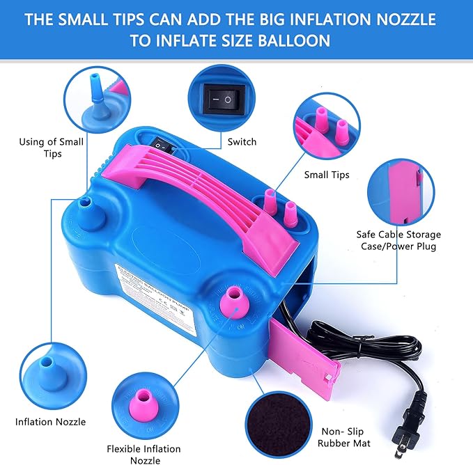 Balloon Pump Electric,110V 600W Balloon Blower Inflator Dual Nozzle Air Pump Balloons Inflator for Decoration, Party, Sport,Gifts:2 Balloon Tying Tools
