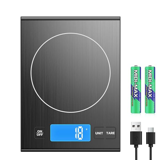 Rechargeable 304 Stainless Steel Kitchen Scale, Diyife 33lb Digital Food Scale with LCD Display, Batteries and Type-C Charging, for Meal Prep, Cooking, Baking (Black)