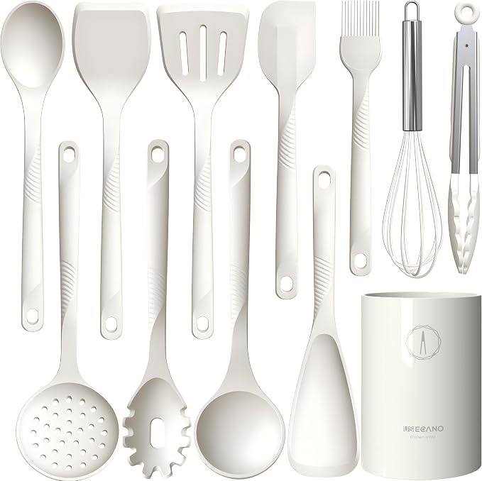 Silicone Cooking Utensils Set - 600°F Heat Resistant, Nonstick Kitchen Utensil Set with Spatulas, Spoons, Whisk, Tongs, BPA Free, Dishwasher Safe, Cream White