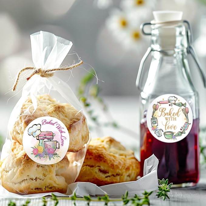 WorldBazaar Baked with Love Stickers 500pcs Floral Homemade with Love Stickers Cookies Packaging Stickers for Bakery Box Birthday Wedding Baby Shower Christmas Small Business Supplies