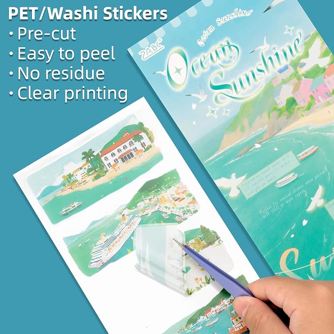 Coastal Series Sticker Scrapbooking Supplies for Junk Journal, 10 Sheets PET Stickers and 10 Sheets Washi Stickers