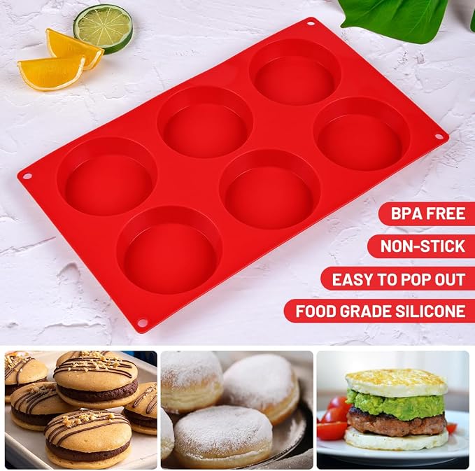 CAKETIME Muffin Top Pan, Silicone Egg Molds for Breakfast Sandwiches 3 Inch Round Egg Baking Pan for Oven English muffins, Whoopie Pies, Corn Bread, bites, Tarts 2 Pack Red