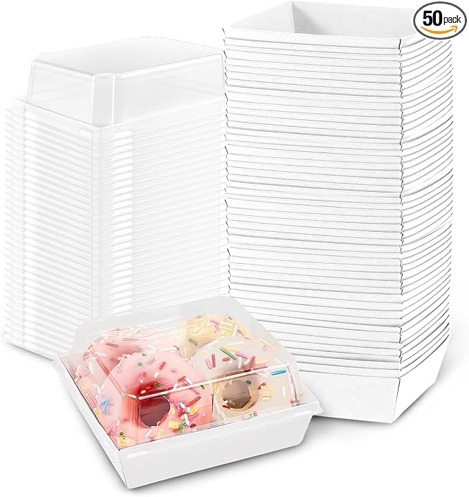50 Pack Plastic Charcuterie Boxes with Clear Lids, 4" Small Paper to Go Food Container for Sandwich Salad Snack, Disposable Mini Bakery Dessert Boxes for Cupcakes Slice Cookies Strawberry White