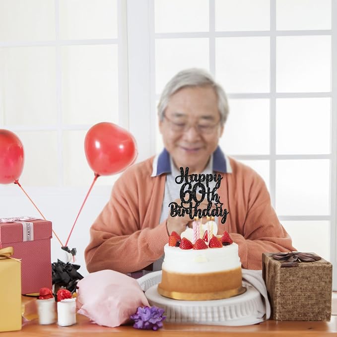 Gyufise 1 Pc Happy 60th Birthday Cake Topper, Black, Cheers to 60 Years Old, 60th Birthday Cake Pick, Non-Edible, 5.5" x 9.1"