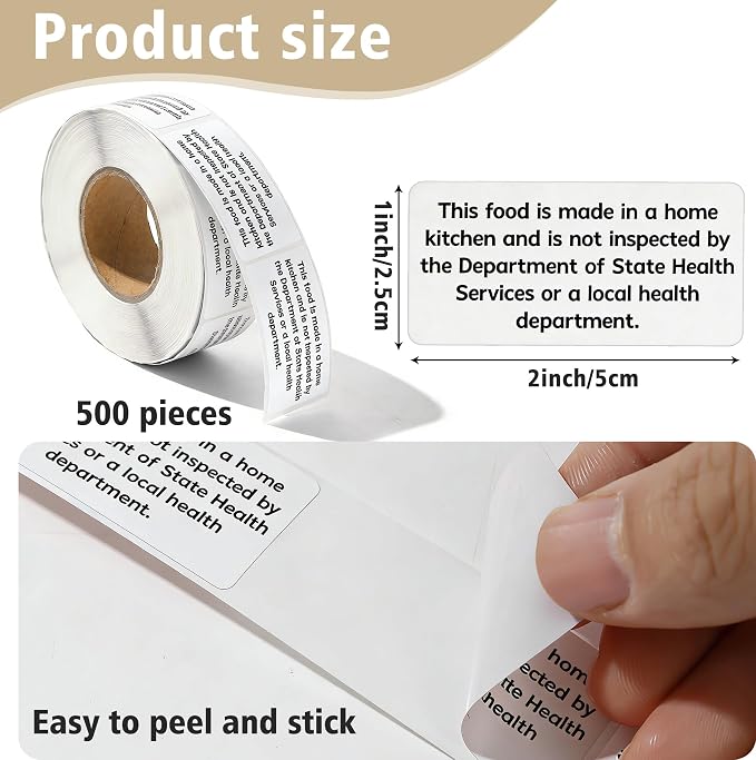 500 Count Cottage Food Law Labels Stickers, 2x1 Inch Made in a Home Kitchen Labels, Cottage Law Labels for Homemade Bakery, Canning, Farmers Market Packaging, Home Kitchen (White-500, 2 x 1 Inch)