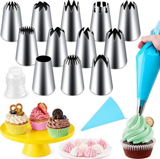 Hendiy 14pcs Large Piping Tips Set, Stainless Steel | 12 Icing Tips, 1 Reusable Bag, 1 Coupler, Cake & Cupcake Decorating