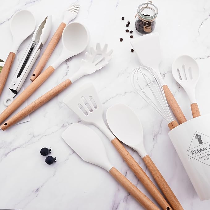 1pc White Silicone Slotted Spoon with Wooden Handle, Heat Resistant Cooking Utensils, Mixing Spoon, Cooking Backing Spoons Set for Stirring, Mixing and Serving