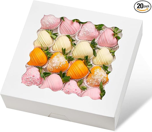 Ocmoiy 20 Pack Pie Boxes, 9 x 9 x 2.5 Inches Bakery Boxes with Window, Auto-Popup Cookie Treat Boxes for Chocolate Strawberries, Pastries, Muffins, Donuts, Breakable Heart
