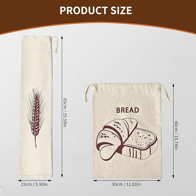 4-Pack Reusable Bread Bags for Homemade Storage, 2-Size Drawstring Pouches (5.9x25.6 & 11.8x15.7 Inch) - Washable Fabric with Secure Closure, Ideal for Sourdough, Artisan Loaves & Gift Packaging