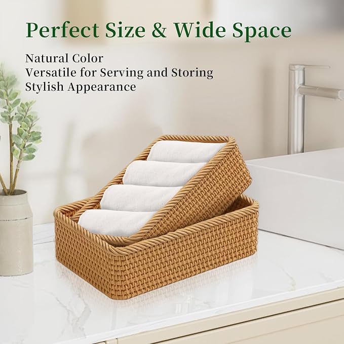 Rattan Storage Basket, 3 Pack Hand Woven Rectangular Fruit Baskets for Serving, Picnic Basket, Wicker Storage for the Living Room Kitchen (Honey Brown)