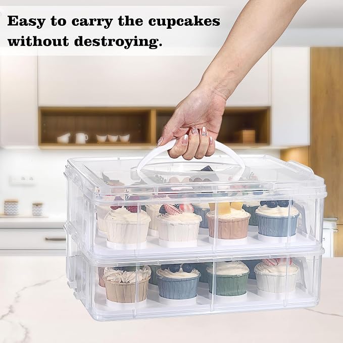 BSTKEY 2 Tier Cupcake Carrier, Each Tier Holds 12 Cupcakes, 2 in 1 Stackable Cupcake Container and Cake Keeper with Lid, Clear Plastic Box Holding 24 Pastries for Birthday Party Bakery Supplies