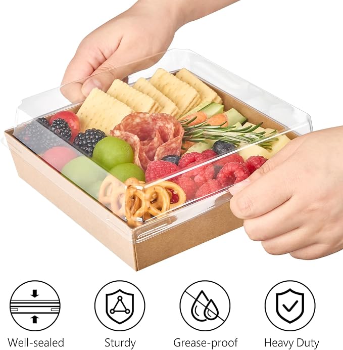 ZORRITA Large Charcuterie Boxes with Clear Lids, 7x7 Inch, 40 Pack, Brown | Disposable, Square, Kraft Paper, To Go Food Containers, Bakery Boxes, For Charcuterie Desserts Strawberries Cookies