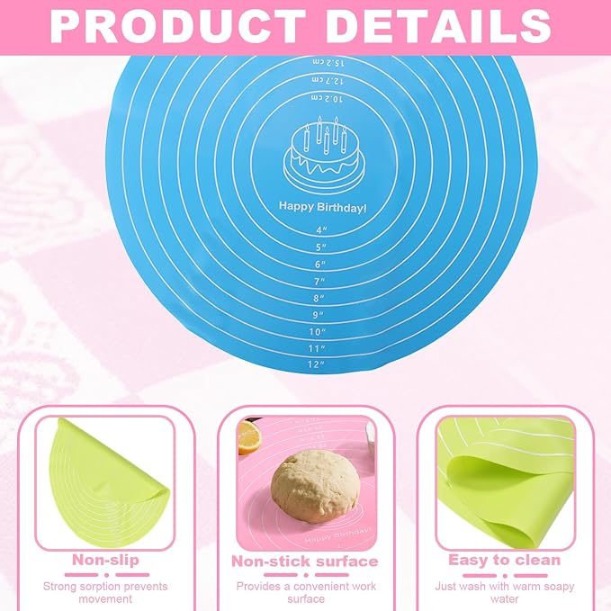 3 Pcs Round Silicone Cake Mat, Reusable Non Slip Heat Resistant Silicone Baking Mat Printed with Clear Scale for Cake Turntable Pizza Dough Pastry Rolling (Pink, Blue, Green)