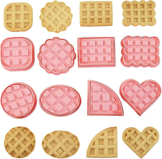8 Pcs Mini Waffles Cartoon Fun Round Cookie Cutter Set 3D Cute Classic Design Triangle Cookie Stamps for DIY Biscuit Baking Frosting Decorations Fondant Pancake Cheese Pastries Apple Pie