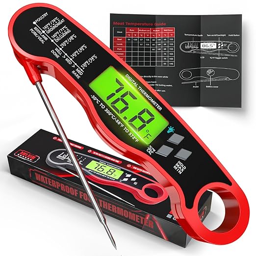 AWLKIM Digital Meat Thermometer, Instant Read Thermometer, Red | Food thermometer for grill, BBQ, candy, oil and baking; backlit display, foldable probe and magnetic storage