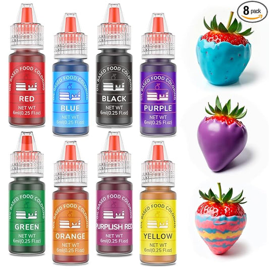 Oil Based Food Coloring for Chocolate 8 Colors Oil Edible Food Dye Set for Sugar Candy Melts Oil Royal Icing Dye for Backing Cookies Fondant Food Grade Color for Cake Decorating - 0.25 Fl. Oz/Bottles