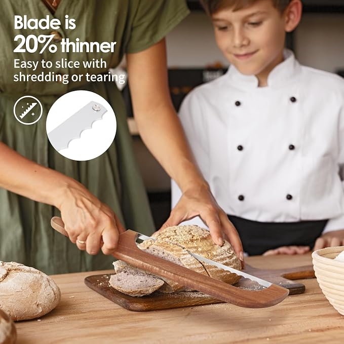 Bow Bread Knife for Homemade Sourdough, 15.7" Adjustable Stainless Steel Serrated Bread Slicer, Thickened Ergonomic Beech Wood Fiddle Bow Knife for Bagels, Baguettes and Cakes