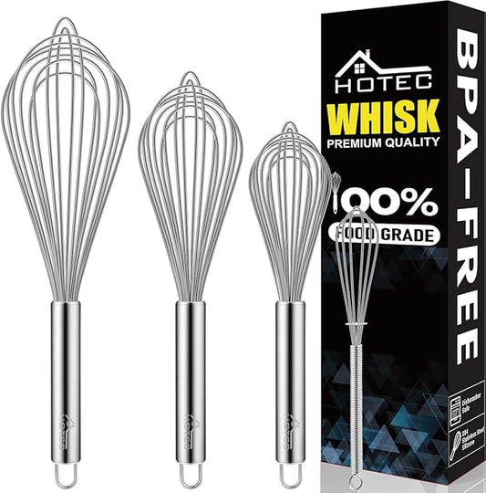 HOTEC Stainless Steel Whisk Set of 4, Food Grade Balloon Whisk Egg Beater, Thicken Wire Mixing Whisk for Baking, Cooking, Whisking Cream, Sauce, Pancake Batter