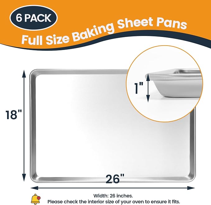 6 Pack Full Size Aluminum Baking Sheet Pan, 26 x 18 in | NSF, Aluminum Commercial Cookie Sheets, Non-Stick, Oven Safe Up to 500℉