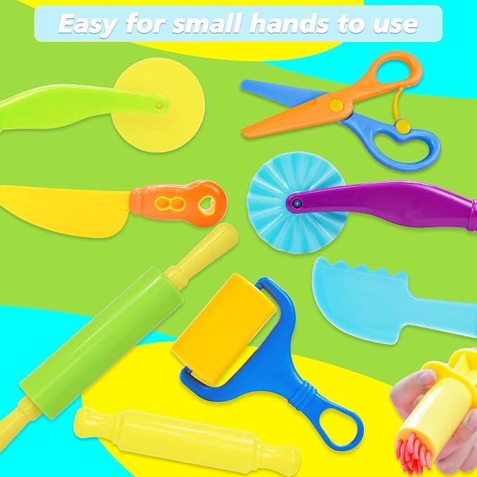 Dough Tool Set, 9 Pcs Basic Dough Tools Kits for Kids, Dough Accessories Includes Cutters Roller, Rolling Pins, Safety Scissors, Plastic Knife