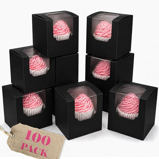 Bakepacker Auto-pop up Cupcake Boxes 100-Packs Individual Cupcake Container Black 3.5" x 3.5" x 3.5" Single Cupcake Boxes