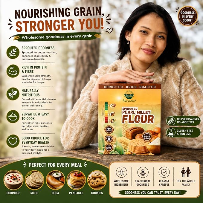 Danodia Foods Organic Sprouted Bajra Pearl Millet Flour, 2 lb Pack | Roasted bajra atta for roti, bhakri, porridge, flatbread and baking; Gluten-Free; US pantry staple; Indian pantry recipes