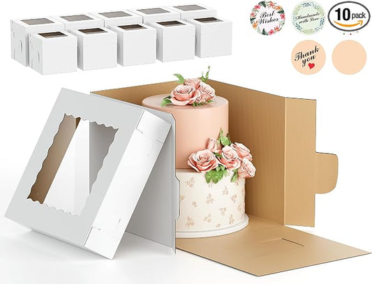 10Pcs Corrugated Cake Boxes in 2 Sizes - 12x12x12 & 10x10x10 Inch Tall Cake Box with Window, Thick Bakery Dessert Boxes, Disposable Cardboard Cake Carrier for Layer Cakes, Birthday, Wedding, Party