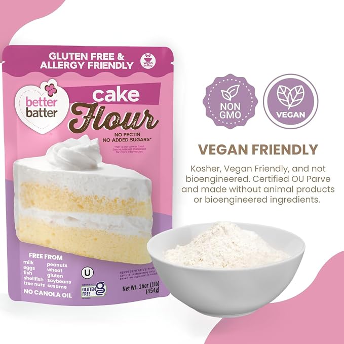 Better Batter Gluten-Free Cake Flour 1LB – Certified GF, Top 9 Allergen-Free, Vegan & Kosher Baking Mix – Premium Blend for Cakes, Quick Breads, Pancakes & Waffles – Smooth Texture, Rich Flavor, Safe for All Diets