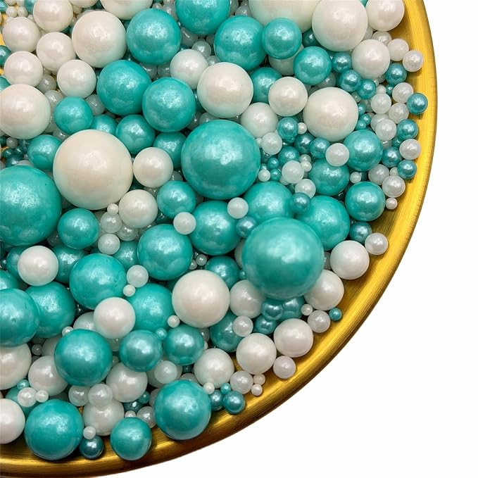CandiJumpin Edible Pearls for Cake Decorating, Teal and White Pearl Sprinkles Teal Sugar Pearls Edible Cake Decorations White Pearl Sugar Sprinkles Cupcake Toppers Baby Shower Party Birthday Wedding Christmas Supplies 3 OZ