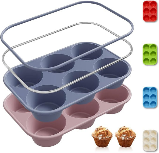 Socisen 2 Pack 6 Cups Jumbo Muffin Pan with Metal Reinforced Frame Silicone Molds Egg Bites Silicone Circle Cookie Molds Extra Large Muffin Tin Jumbo Tart Pans Baking Sheet Set for Sandwiches
