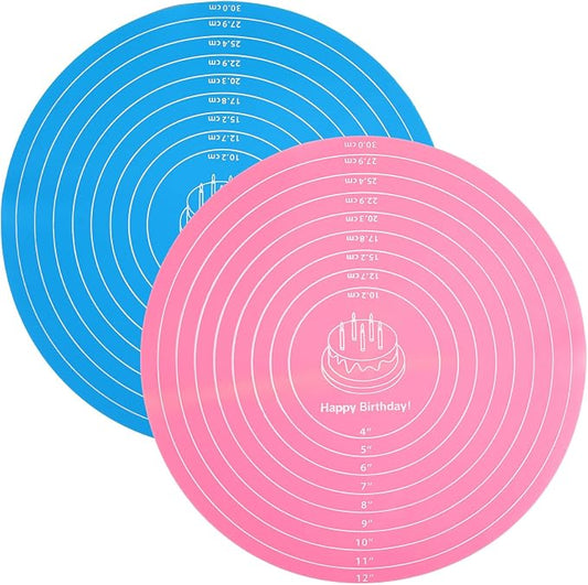 12 Inch Round Baking Mat 2PCS Silicone Cake Mat with Measurements | Non-Stick Heat Resistant Cake Turntable Non-slip Mat Reusable Cookie Pad for Pastry Dough and Baking (Pink and Blue)