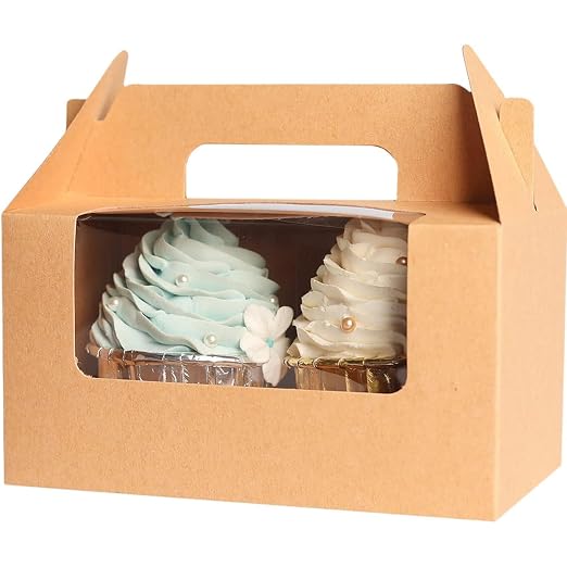 qiqee 100 Packs Cupcake Box Two Holder 6.5x3.6x3.5inch(2.2" Top) Kraft 2 Cupcake Boxes With Window（100 Boxes+100 Inserts）
