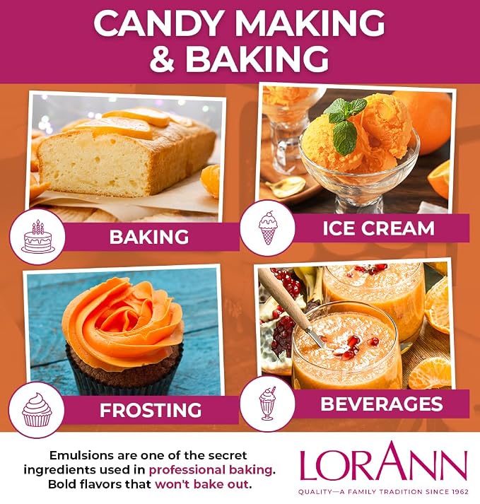 LorAnn Oils Orange Bakery Emulsion: True Essence, Ideal for Boosting Fruit Tones in Cakes, Cookies & Desserts, Gluten-Free, Keto-Friendly, Extract Substitute Essential for Your Kitchen, 4 Oz