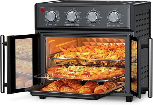 PlumChef 27.5 Quart Air Fryer Convection Toaster Oven, Black | Extra Large, 6 Slices, French Door, 1700W, Multifunction: Air Fryer, Toast, Grill, Defrost, Bake