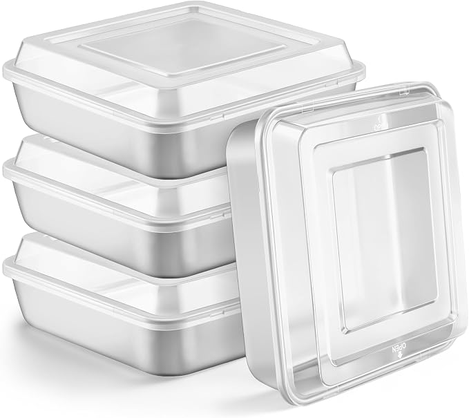 LIANYU 9 x 9 Baking Pan with Lid Set, 4 Pack Stainless Steel Square Cake Pans, Deep Brownie Baking Dish for Oven, Dishwasher Safe & Heavy Duty (4 Pan +4 Lid)