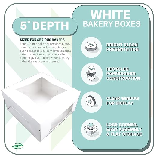 SCT white window bakery boxes with tuck-in lid, 10 x 10 x 5, white, paper, 150/carton