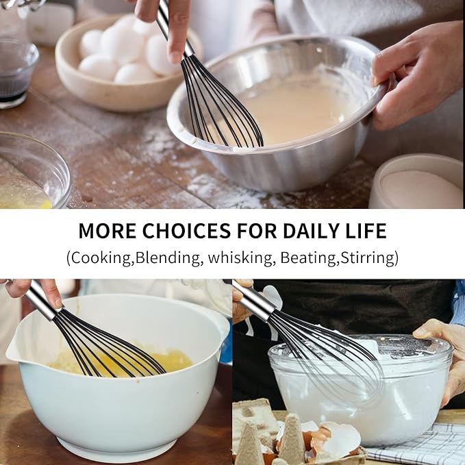 TEEVEA Silicone Whisk Set Non Scratch BPA Free for Nonstick Cookware, 3 Piece 8/10/12 Inch Stainless Steel Core Heat Resistant, Egg Beater for Cooking Baking, Black