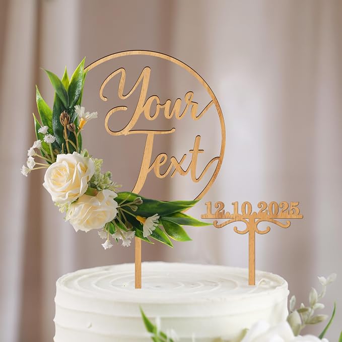 CustomText Wedding Cake Topper with 3D Artificial Flowers and Green Leaves Personalized Your Text Birthday Cake Decoration (Oak Finish)