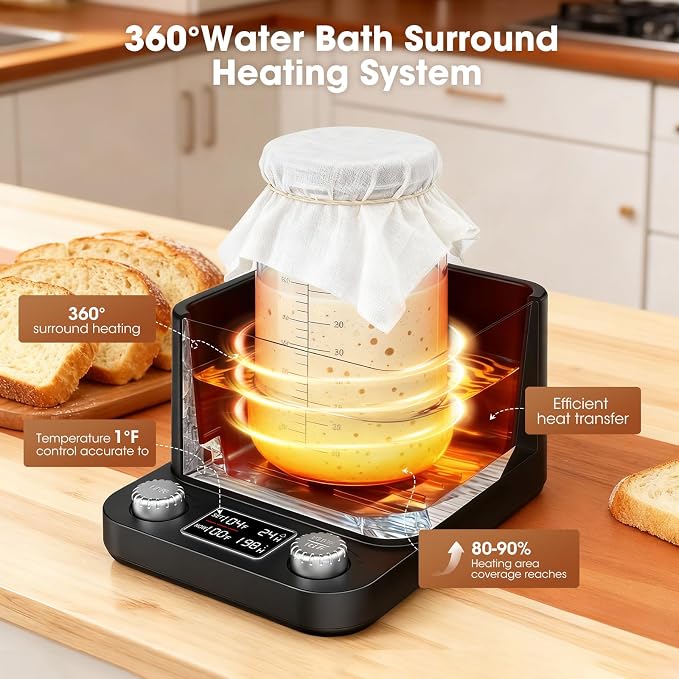 Sourdough Starter Warmer | Water Bath Precise 1°F Thermostat (70-104°F) Sourdough Warmer | For Jars Under 50oz |198-h Memory Timer |360° Uniform Heating |for Bread Baking,Yogurt & Kombucha(Black)